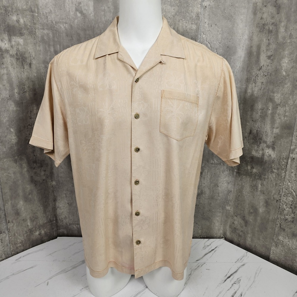 Tommy Bahama Silk Hawaiian Shirt Mens L Subtle Floral Pattern Coral Pink Camp